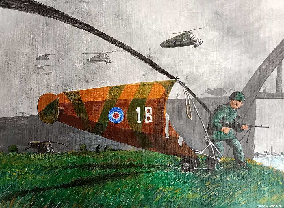 Painting of Rotachute assault on a bridge. Image copyright J Dell.
